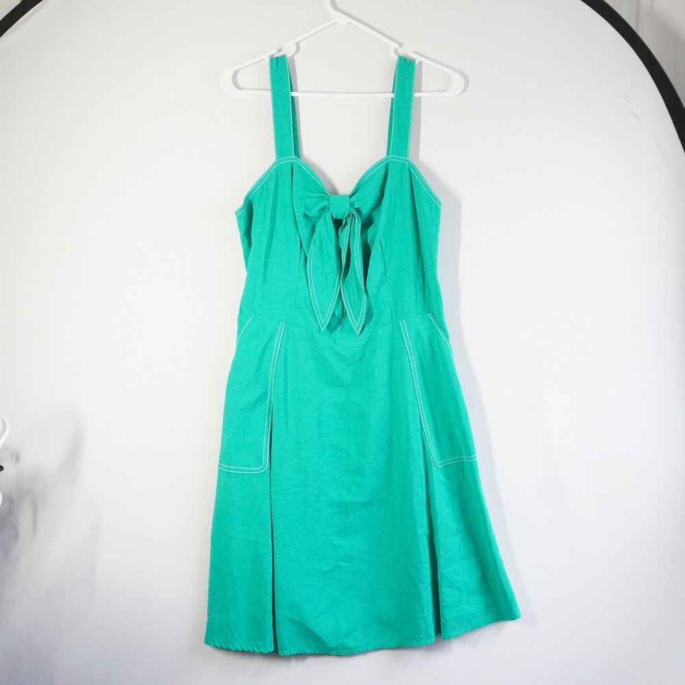 Grayson Green Tie Front Fit and Flare Dress Contrast Stitch Smocked Back L Pinup